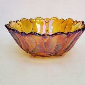 Vintage Indiana Amber Carnival Glass Scalloped Floral Bowl